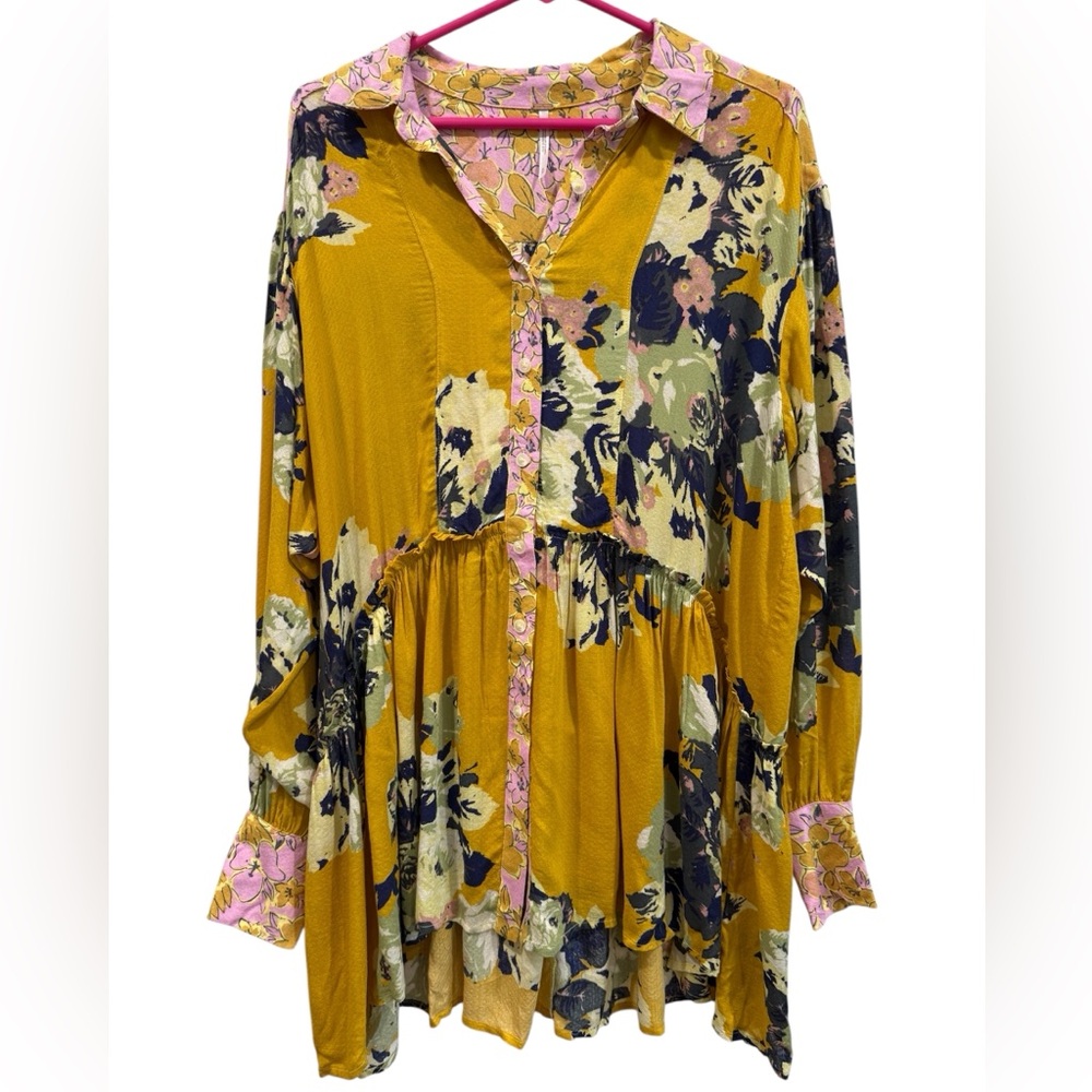 Free People Brunch A Bunch‎ Tunic Shirt Floral Print Yellow-Gold Blouse- Small - Picture 2 of 8